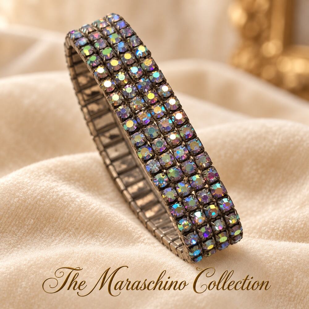 Vintage Aurora Borealis AB Rhinestone 4 Row Expansion Bracelet Hollywood Glam